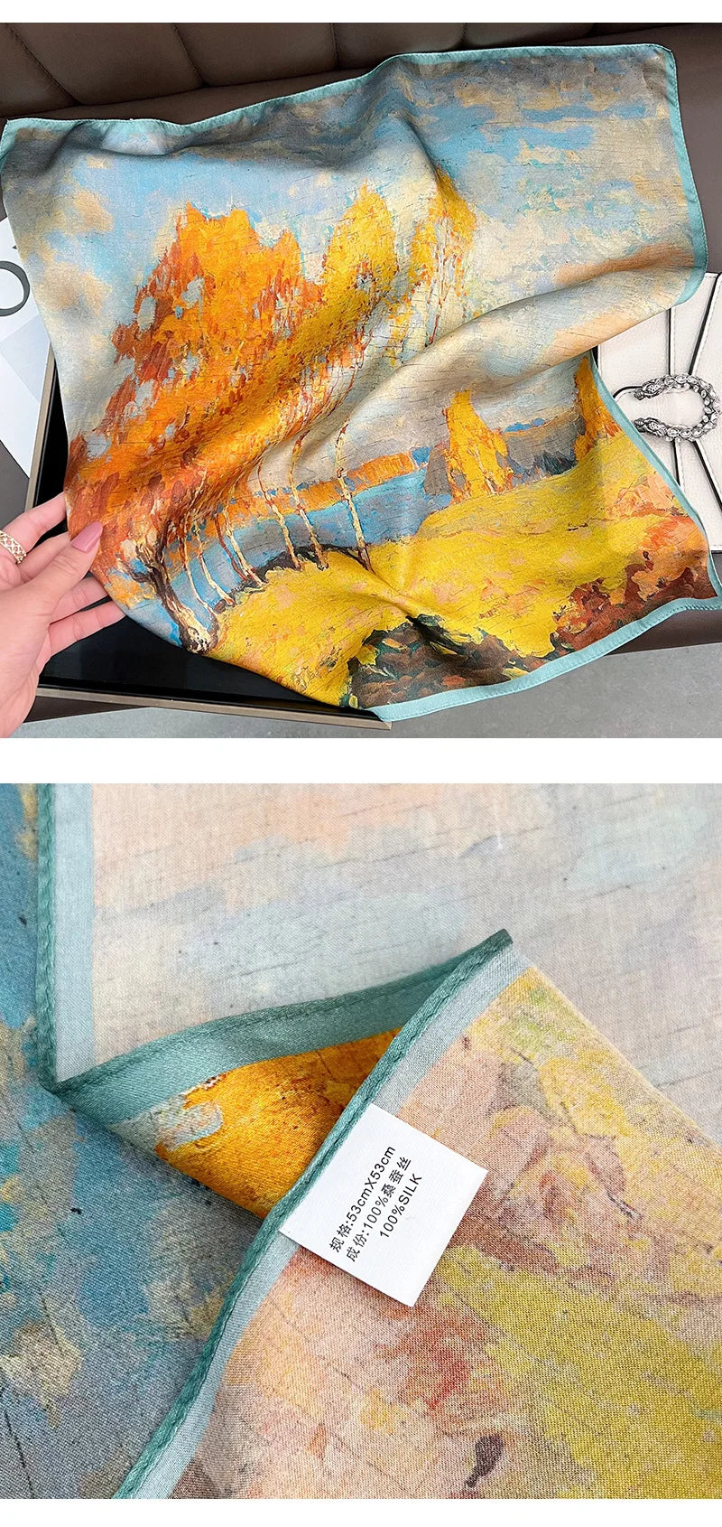 Silk (mulberry silk) scarf, landscape oil painting style, thin, for women, fashionable, versatile, professional neckerchief