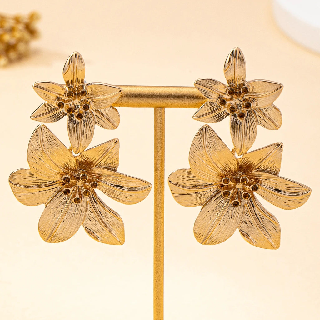 Gold& Amber Sculptural Flower Drop Earrings