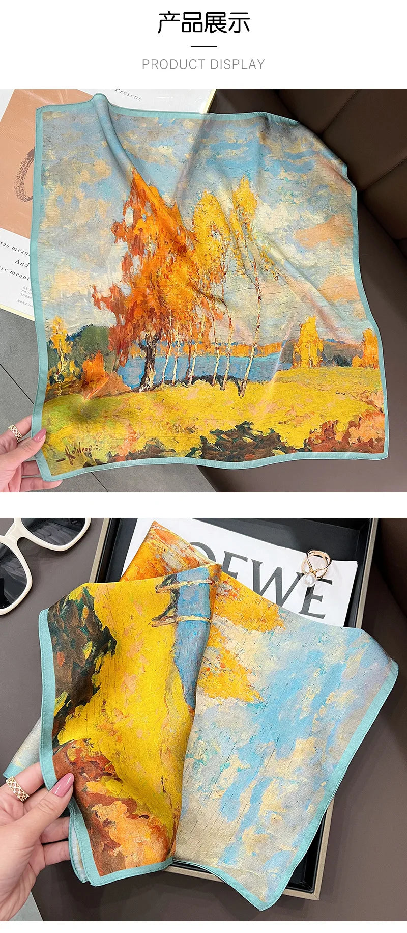 Silk (mulberry silk) scarf, landscape oil painting style, thin, for women, fashionable, versatile, professional neckerchief