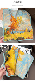 Silk (mulberry silk) scarf, landscape oil painting style, thin, for women, fashionable, versatile, professional neckerchief