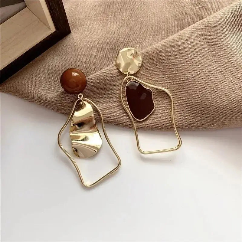 Irregular Brown & Gold Drop Earrings