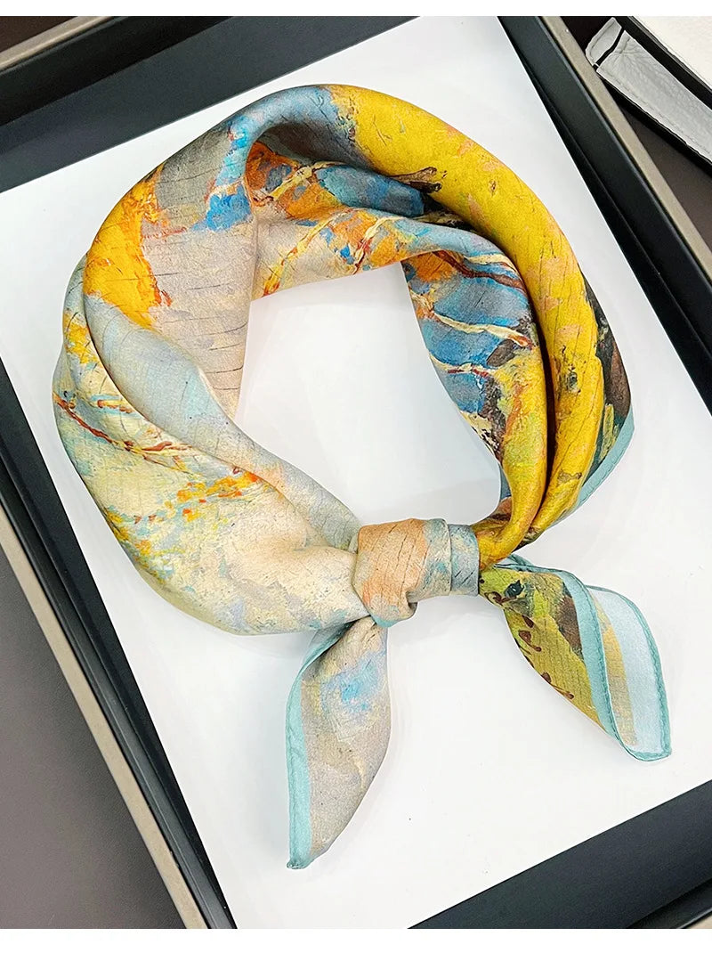 Silk (mulberry silk) scarf, landscape oil painting style, thin, for women, fashionable, versatile, professional neckerchief
