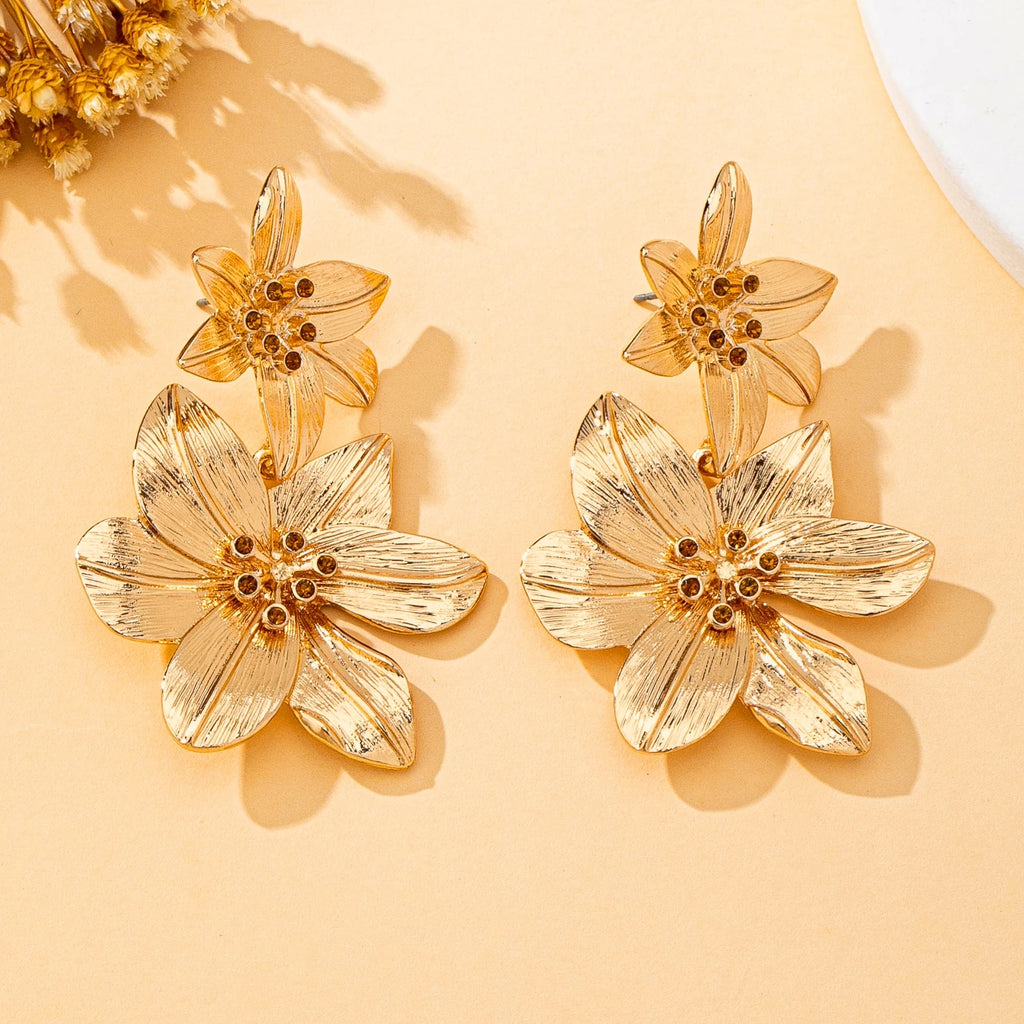 Gold& Amber Sculptural Flower Drop Earrings