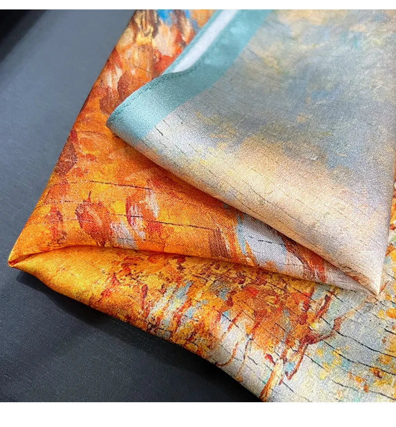 Silk (mulberry silk) scarf, landscape oil painting style, thin, for women, fashionable, versatile, professional neckerchief