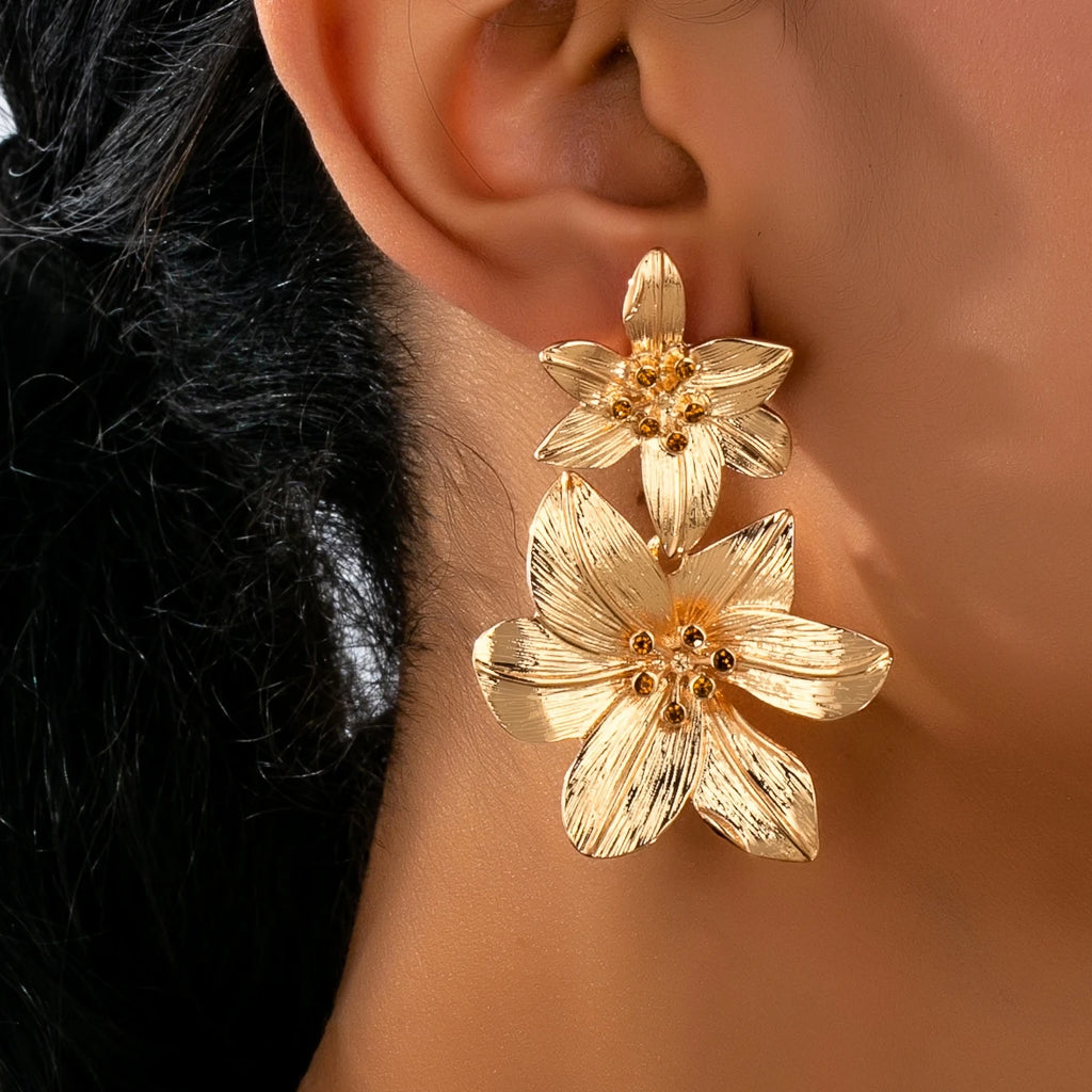 Gold& Amber Sculptural Flower Drop Earrings