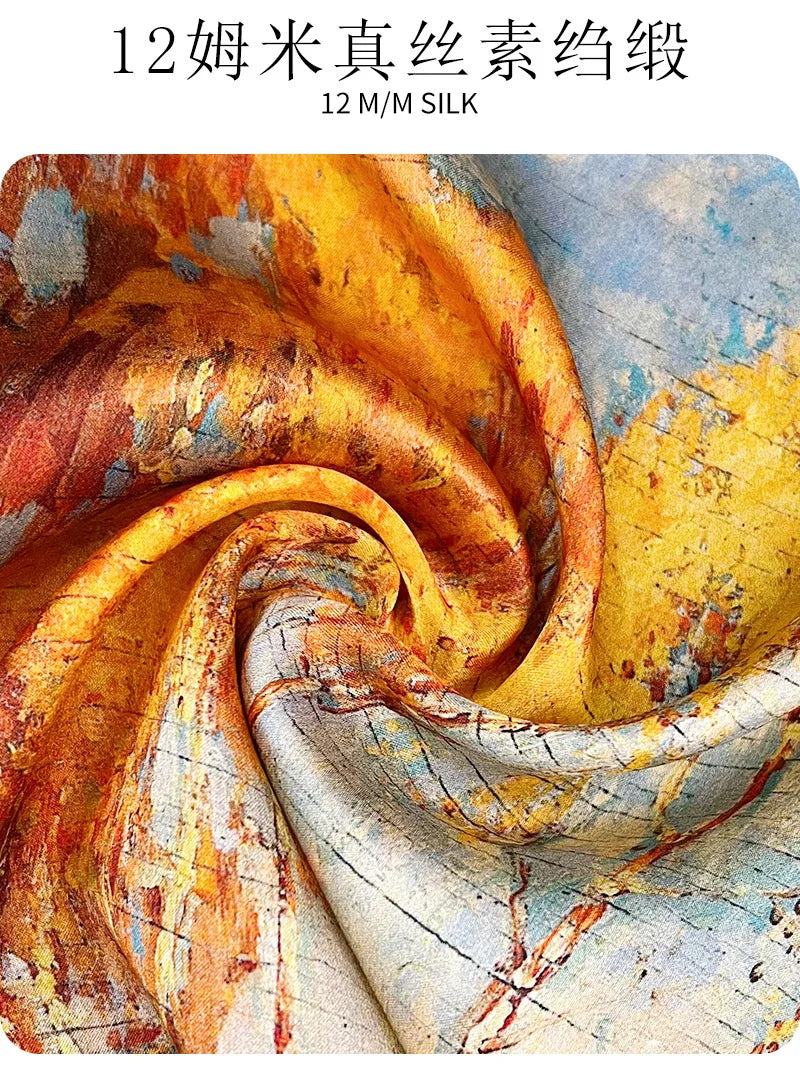 Silk (mulberry silk) scarf, landscape oil painting style, thin, for women, fashionable, versatile, professional neckerchief