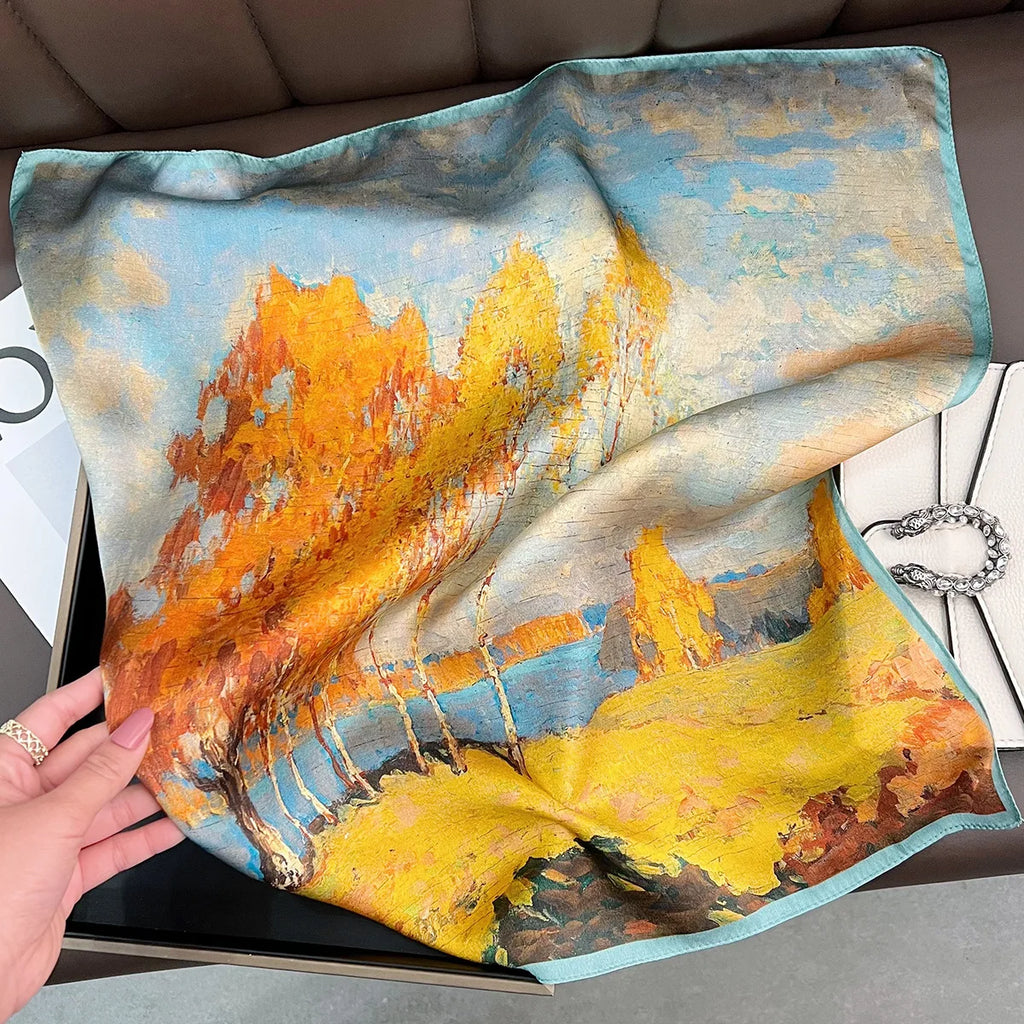 Silk (mulberry silk) scarf, landscape oil painting style, thin, for women, fashionable, versatile, professional neckerchief