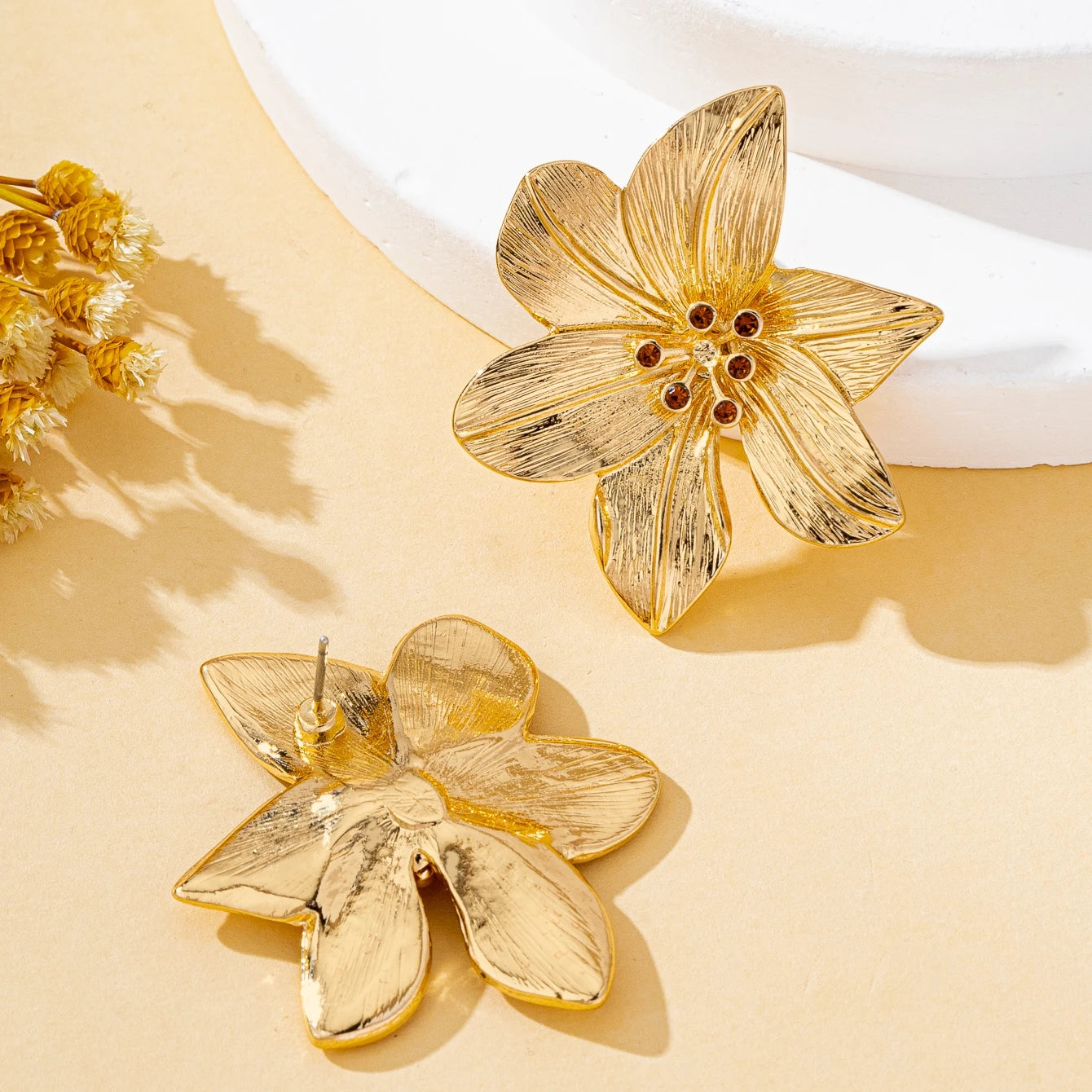 Gold Sculptural Flower Statement Earrings