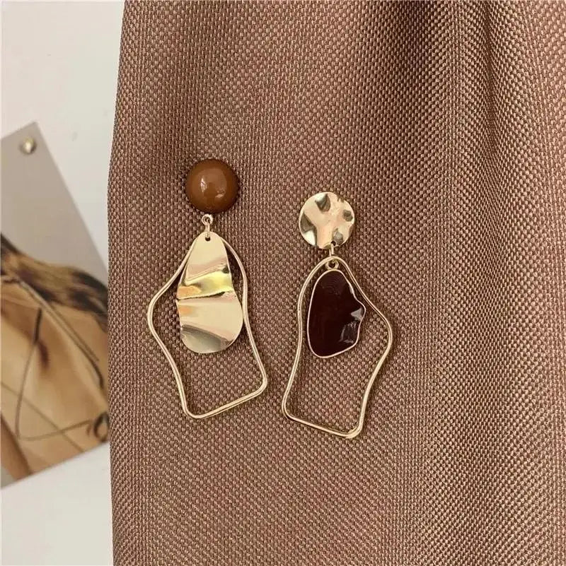 Irregular Brown & Gold Drop Earrings