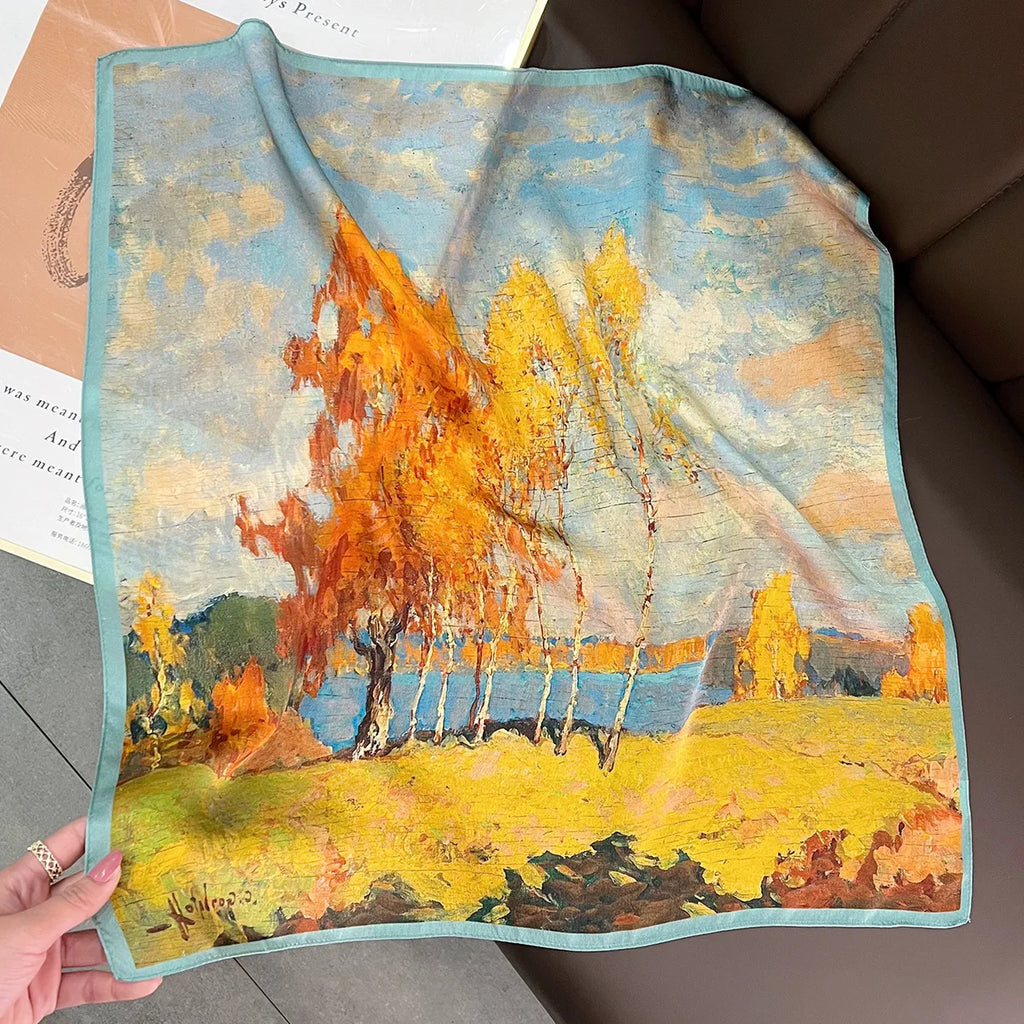 Silk (mulberry silk) scarf, landscape oil painting style, thin, for women, fashionable, versatile, professional neckerchief