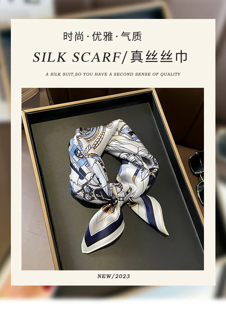 100% Silk Scarf Women elegant Headband Spring Square Fashion Print Hair Foulard Female Lady Shawl Wraps Hijab Bandana Scarves