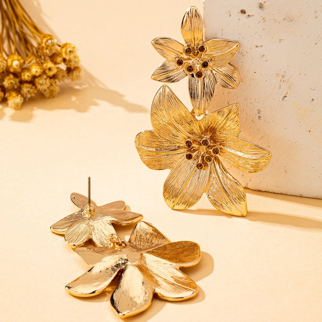 Gold& Amber Sculptural Flower Drop Earrings