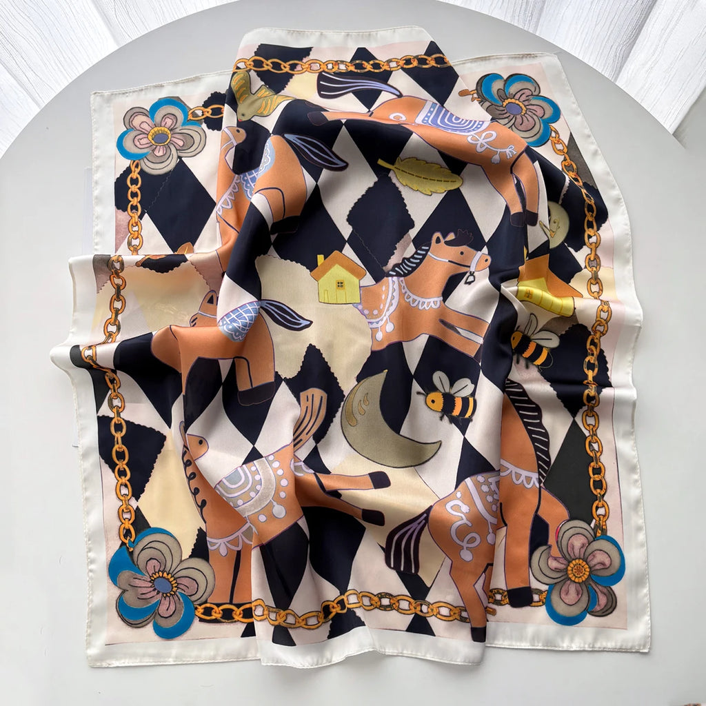 Silk Imitation Scarf for Women Square Design Print Hairbands Foulard Bandana Neck Kerchief Headbands Decoration