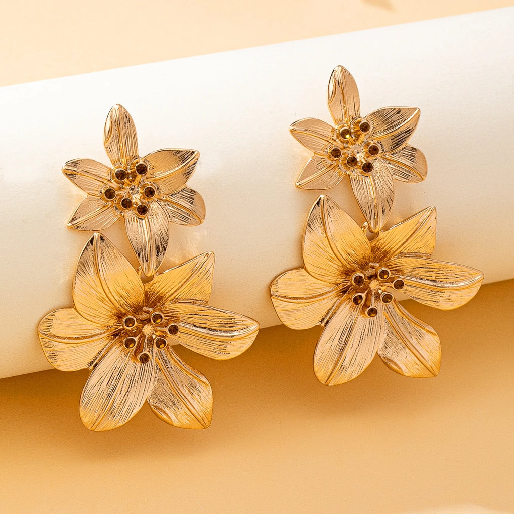 Gold& Amber Sculptural Flower Drop Earrings