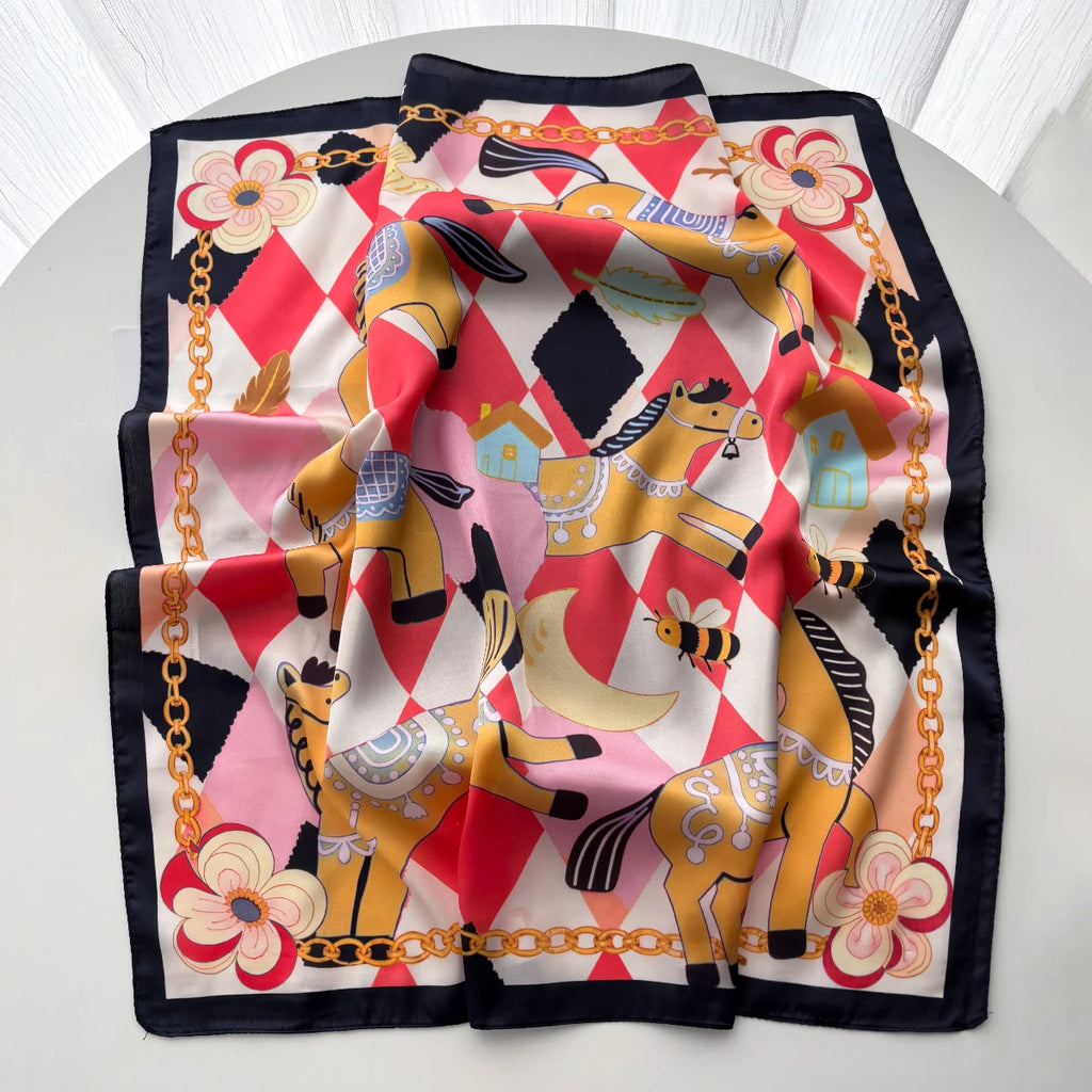 Silk Imitation Scarf for Women Square Design Print Hairbands Foulard Bandana Neck Kerchief Headbands Decoration