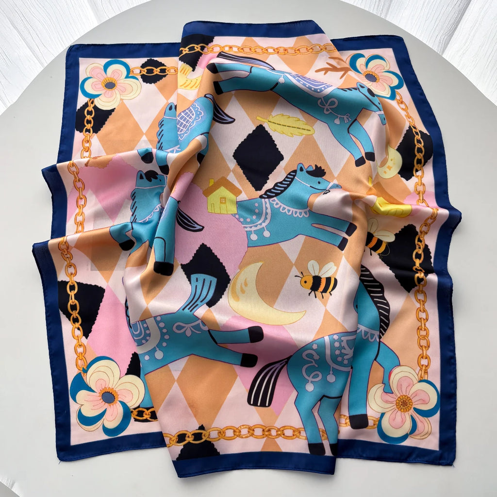 Silk Imitation Scarf for Women Square Design Print Hairbands Foulard Bandana Neck Kerchief Headbands Decoration