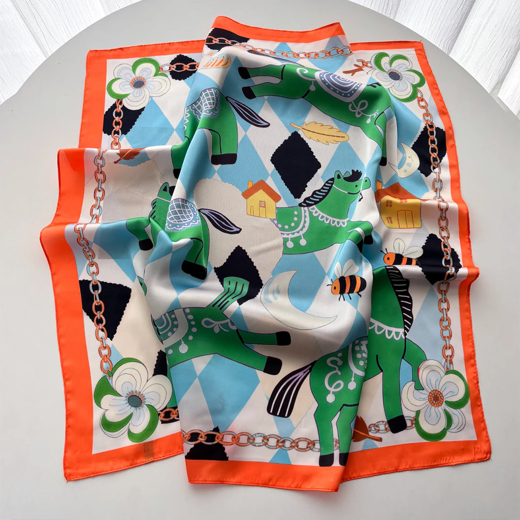Silk Imitation Scarf for Women Square Design Print Hairbands Foulard Bandana Neck Kerchief Headbands Decoration