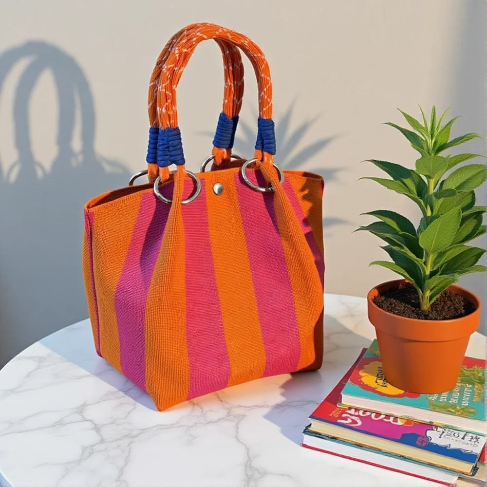 Colourblock Woven Beach Bucket Bag
